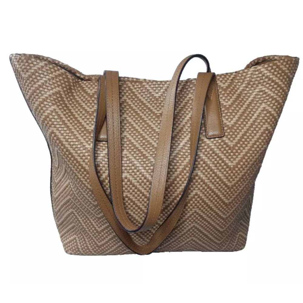 Michael Kors Junie Leather Tote Bag Large Acorn/Butternut Brown Chevron